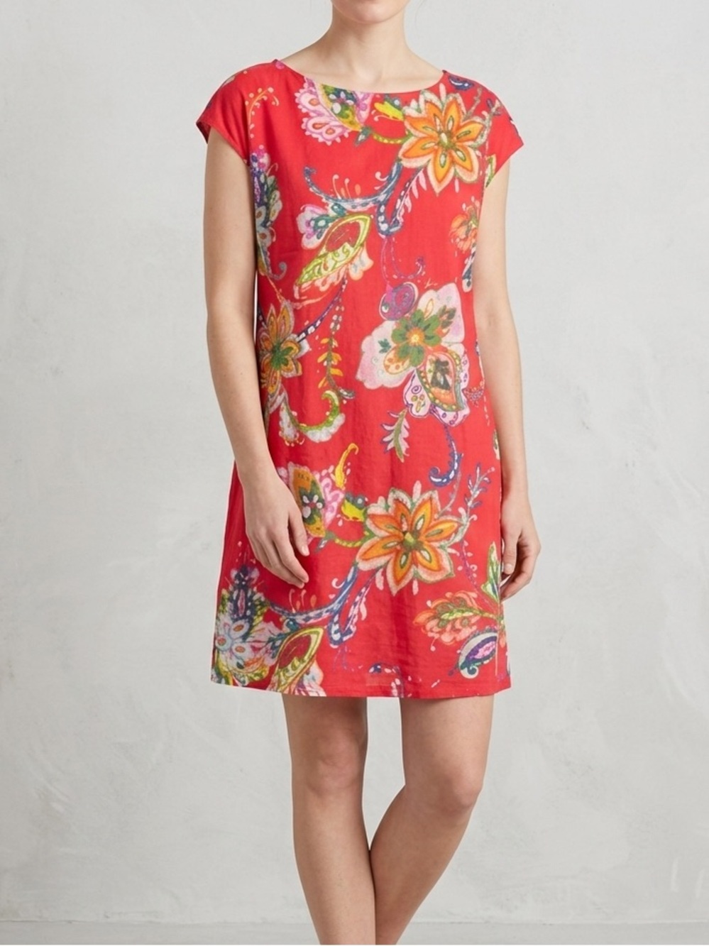 Lauren Ralph Lauren Linen Dress L Red Floral Shift Sheath Cap Sleeve Lined